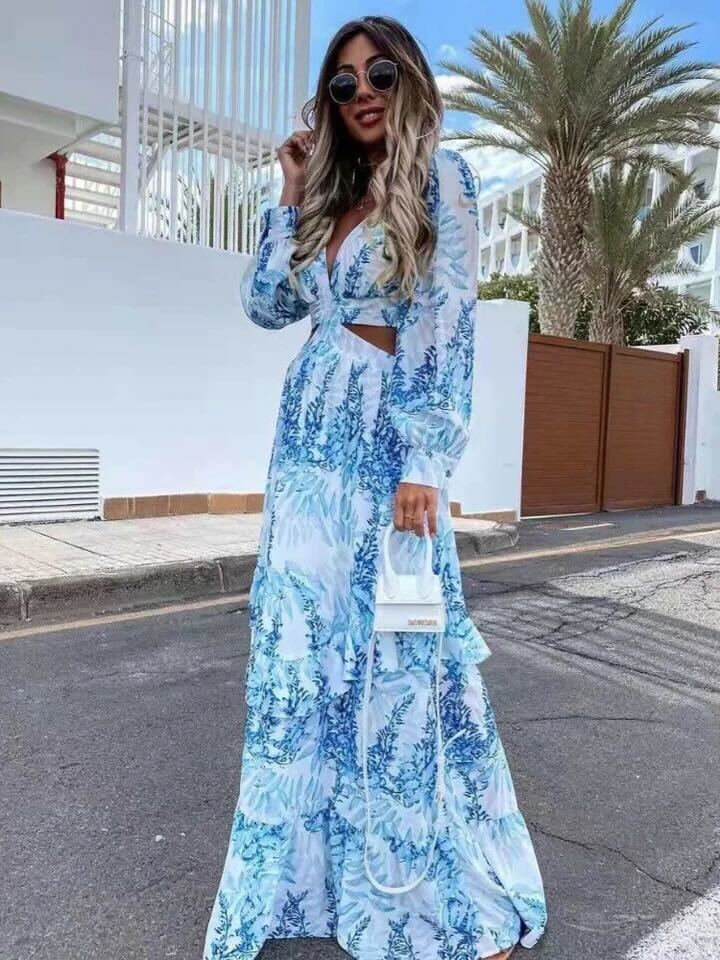 Robe élégante à manches longues et décolleté en V imprimé